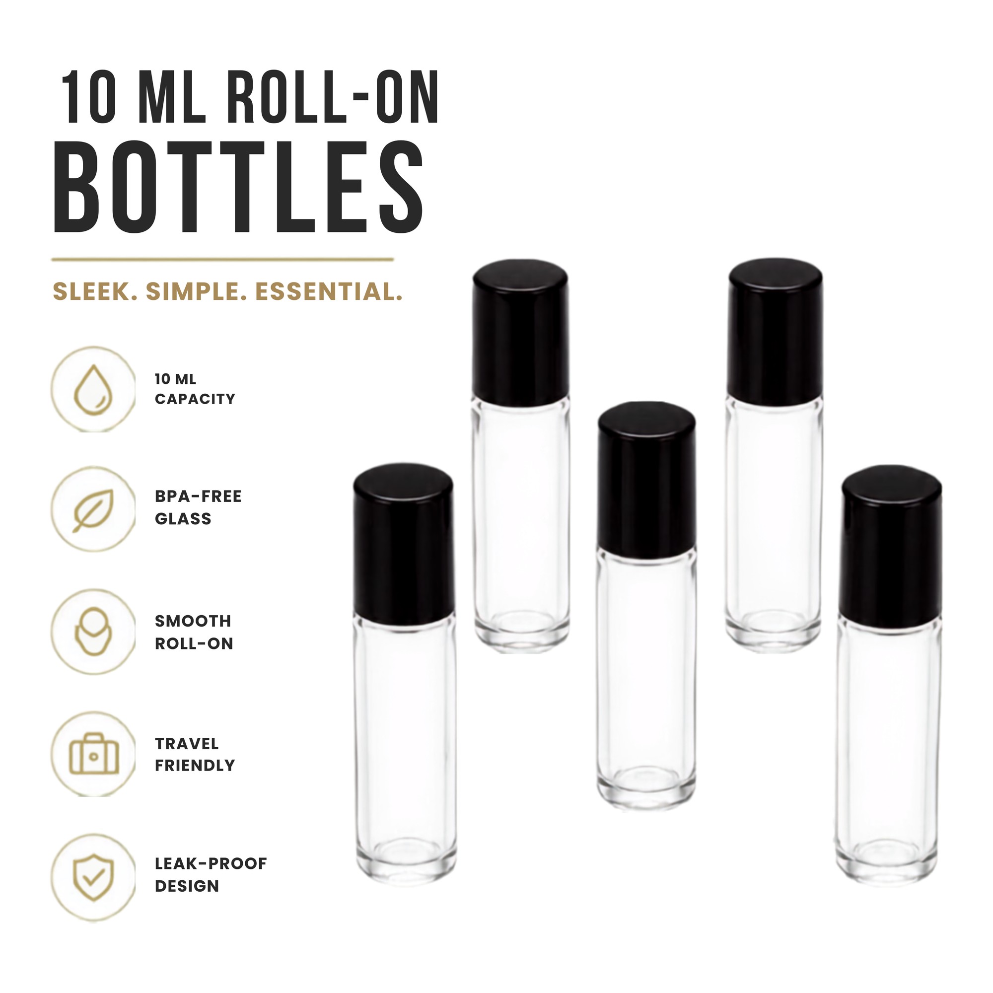 10 ml Clear Glass Roll-On Bottles with Rollerball & Black Cap - 3